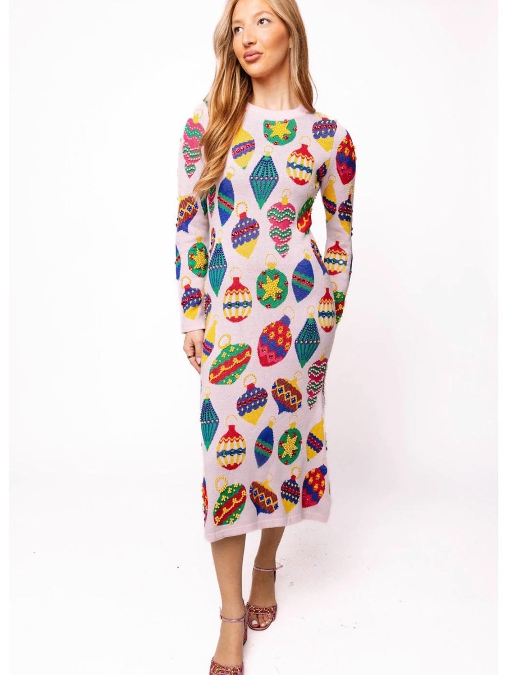 QUEEN OF SPARKLES Pink Ornament-Print Long Sleeve Midi Dress